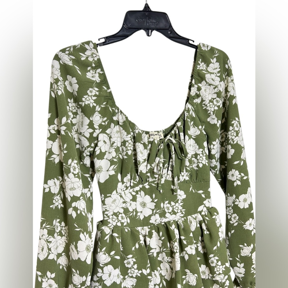 Inspired Hearts Boho Floral Tiered Mini Dress Olive Green Size Small - Picture 4 of 9